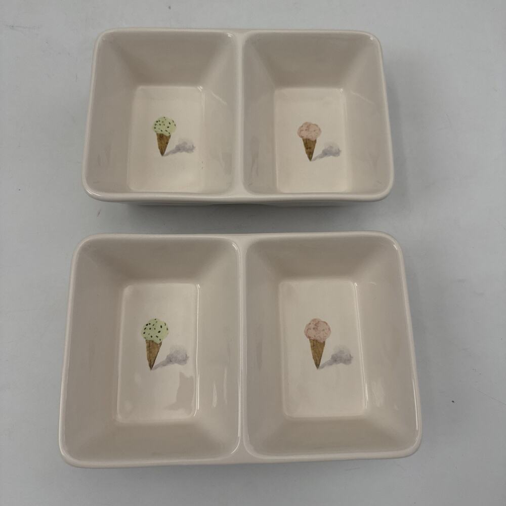 Set of 2 RAE DUNN by Magenta Divided Dish Ice Cream Cones Toppings Bowls